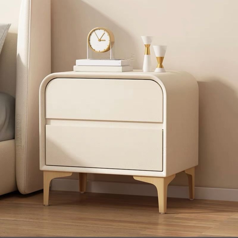 2 Tiers Simplistic Pu Drawer Storage Bedside Table, Off-White, Solid Wood, 16"L x 16"W x 19"H