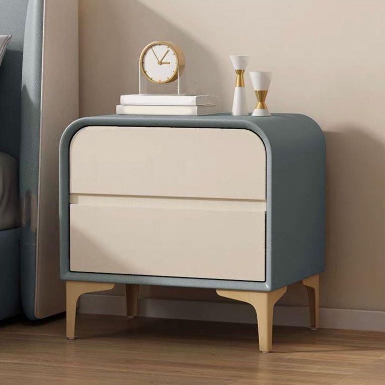 2 Tiers Trendy Pu Nightstand With Drawer Organization, Blue/ Beige, Solid Wood, 16"L x 16"W x 19"H
