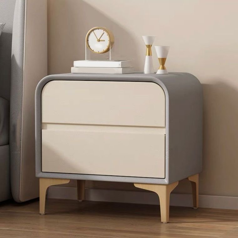 2 Tiers Art Pu Nightstand With Drawer Storage, Light Gray/ Beige, Solid Wood, 16"L x 16"W x 19"H