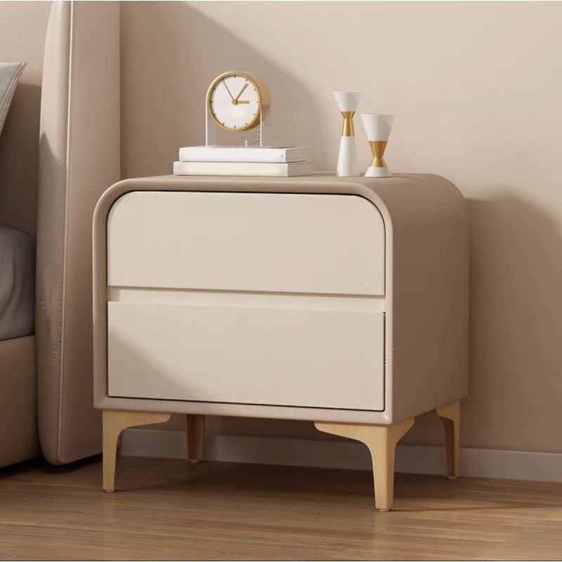 2 Tiers Contemporary Pu Drawer Storage Bedside Table, Khaki/ Beige, Solid Wood, 16"L x 16"W x 19"H