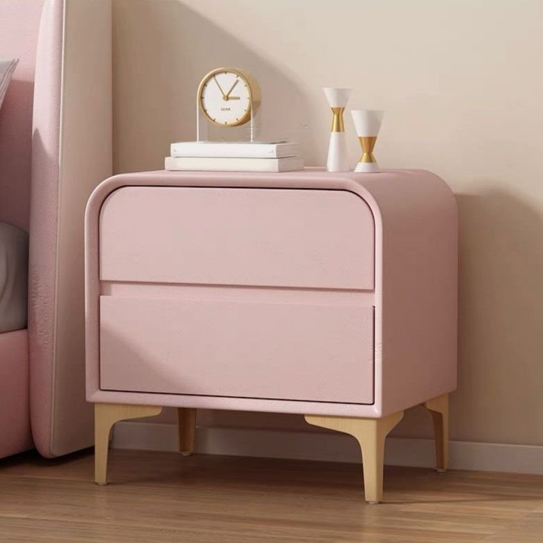 2 Tiers Organic Modern Pink Pu Drawer Storage Nightstand, Solid Wood, 20"L x 16"W x 19"H