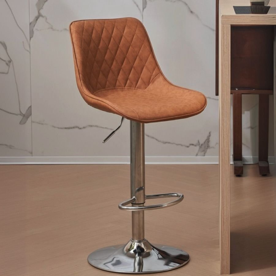 Button-tufted Air-driven Bistro Stool in Light Brown for the Bistro with Backrest Revolving Stools, Silver, Brown