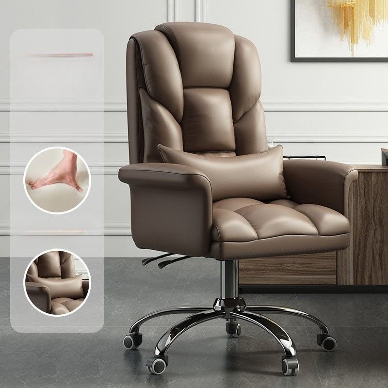 Minimalist Ergonomic Leather Boss Chair in Brown with Arms, Pillow and Adjustable Back Angle, Without Footrest, Brown