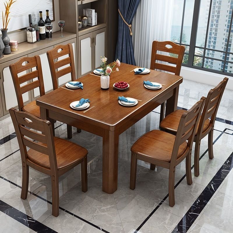 Simple 7 Pieces Fixed Rectangular Dining Table Set with a Tabletop in Oak, 4-Leg and Ladder Back Chairs, Table & Chair(s), 57"L x 35.5"W x 30"H, Walnut
