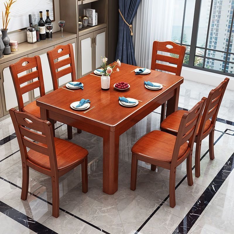 Casual Fixed Rectangular Dining Table Set with a Brown Oak Wood Tabletop, 4-Leg and Ladderback Chairs, Table & Chair(s), 7 Piece Set, 51.2"L x 31.5"W x 30.3"H