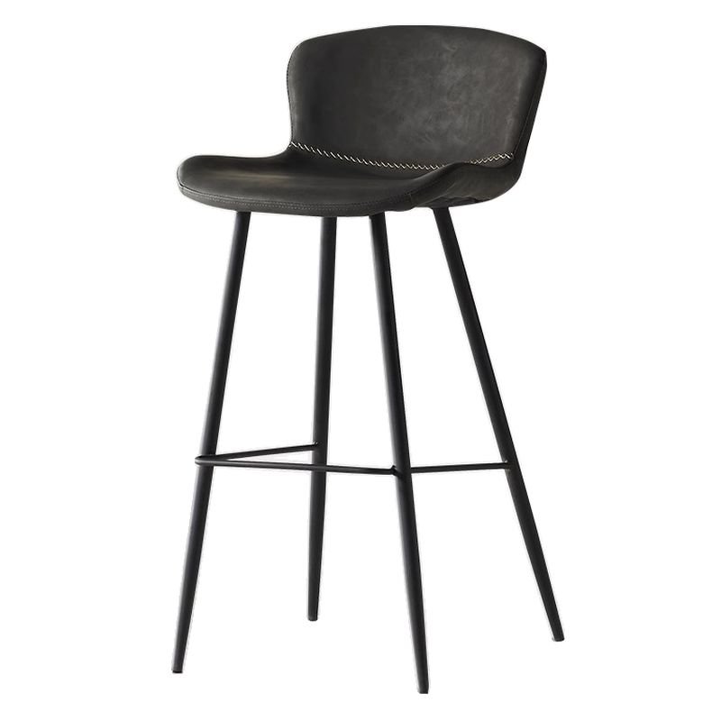 Simple Gray Calfskin Pail Bistro Stool for Bar with Backrest and Foot Pedestal, Crazy Horse Leather, Gray/ Black, Counter Stool(26"H)