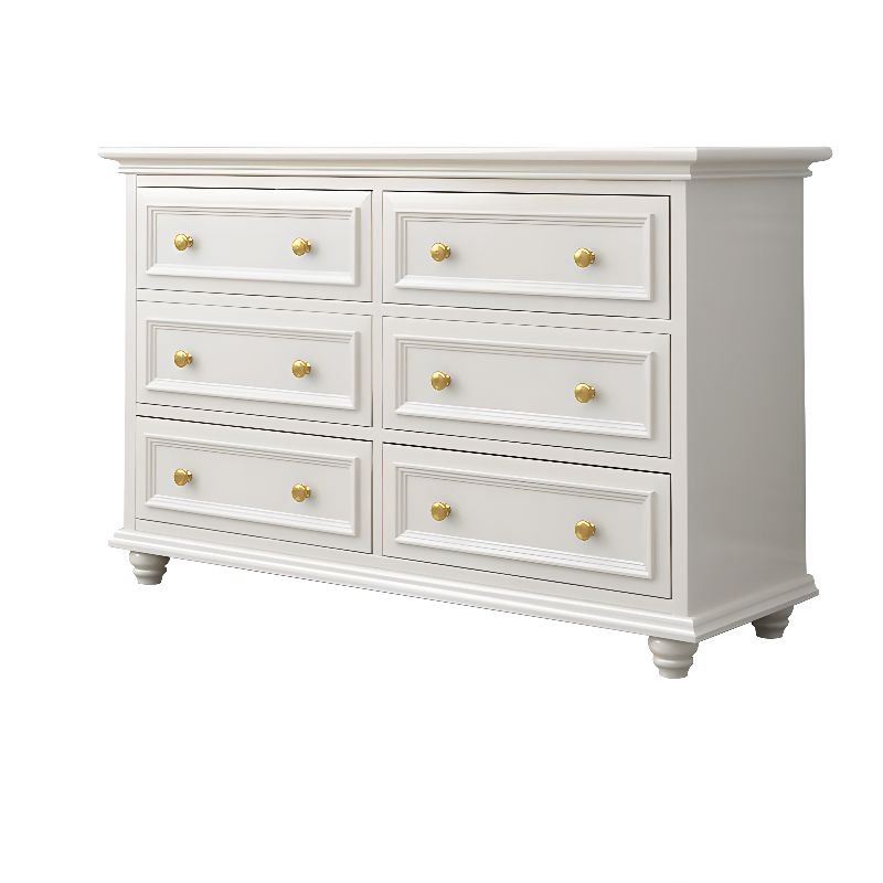 6 Drawers Lavish White Natural Wood Horizontal Double Dresser for Sleeping Quarters, 55"L x 18"W x 31.5"H