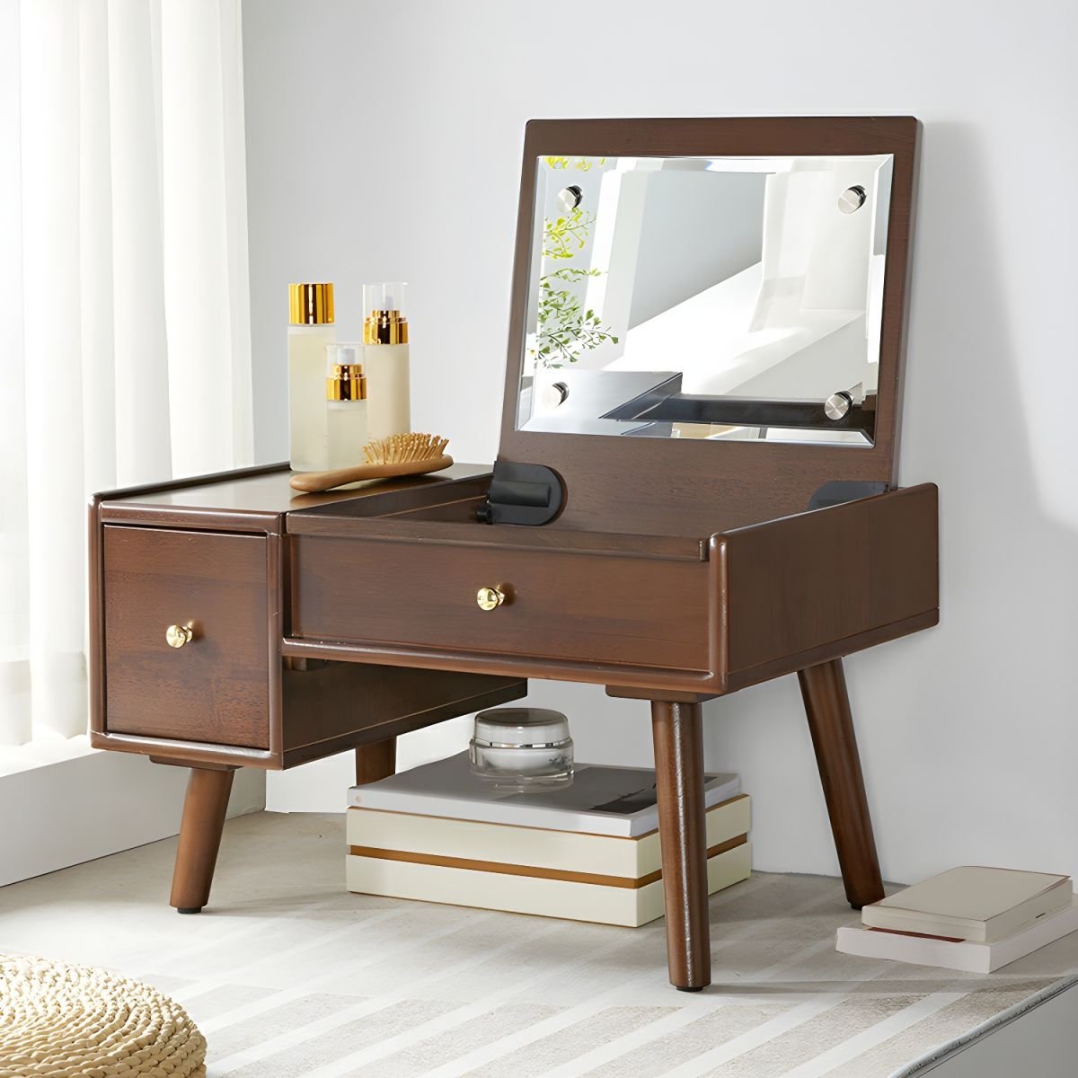Natural Wood Art Deco Small Dressing Table with Flip-Top Mirror, Walnut