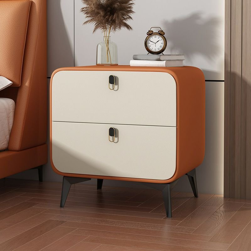 Trendy Pu Drawer Storage Bedside Table with 2 Drawers & Leg, Orange/ White, 20"L x 16"W x 20"H