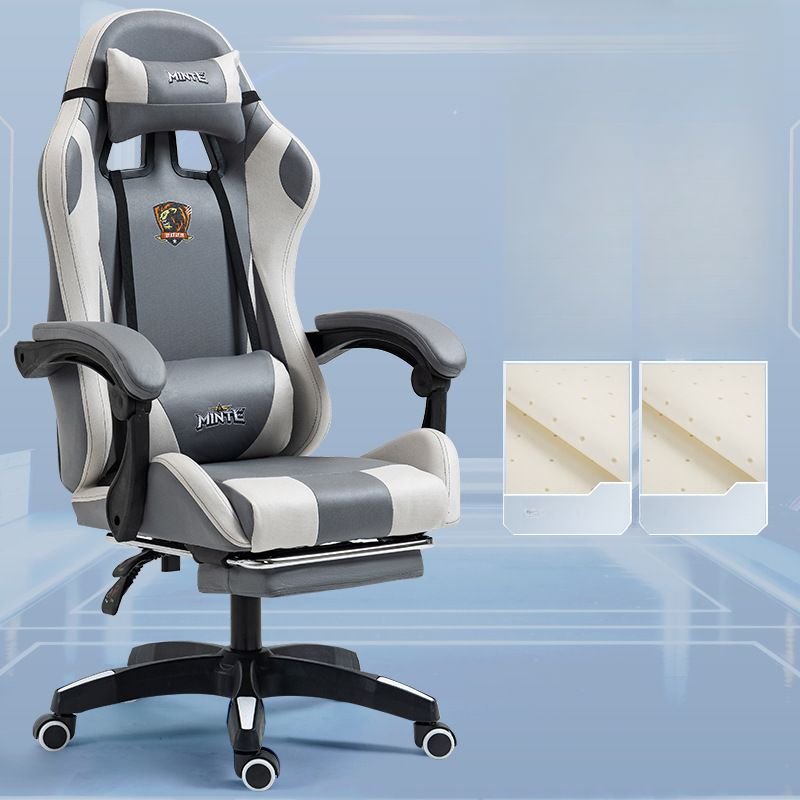 Adjustable Back Angle Headrest Dove Grey Swivel Lifting PU Gaming Chair with Pillow, Foot Platform and Swivel Wheels, Grey, Linkage Arms, Latex
