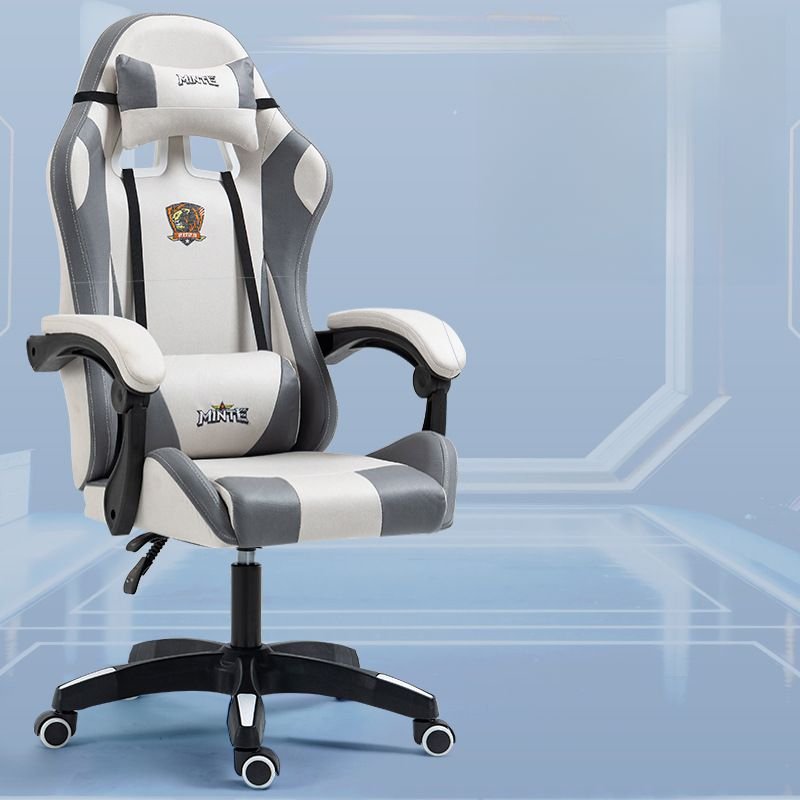 Adjustable Back Angle Cream Headrest Lifting Swivel Faux Leather Gaming Chair with Pillow, Swivel Wheels and Armrest, Off-White, Linkage Arms, Without Footrest, Sponge