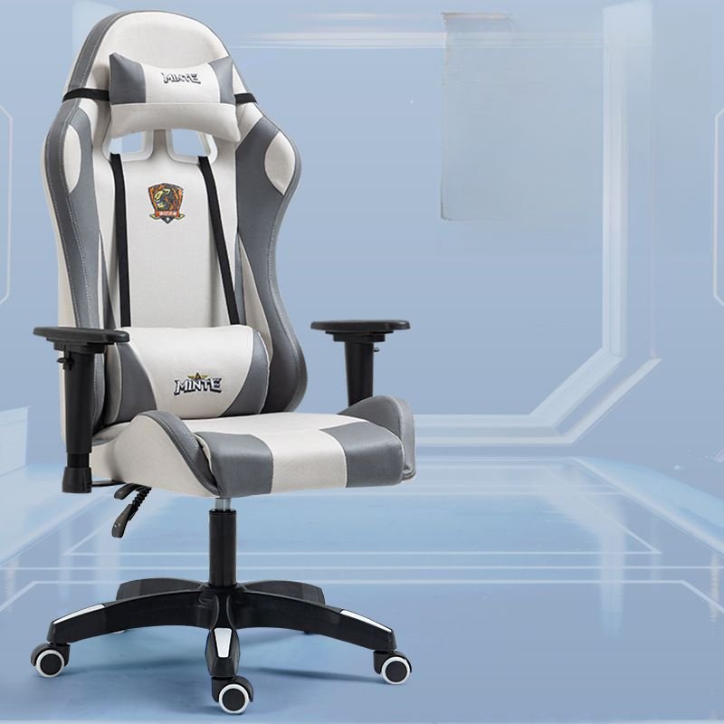 Height Adjustable Armrests Cream Headrest Rotatable Lifting Faux Leather Gaming Chair with Caster Wheels, Pillow and Adjustable Back Angle, Off-White, Height-Adjustable Arms, Without Footrest, Sponge