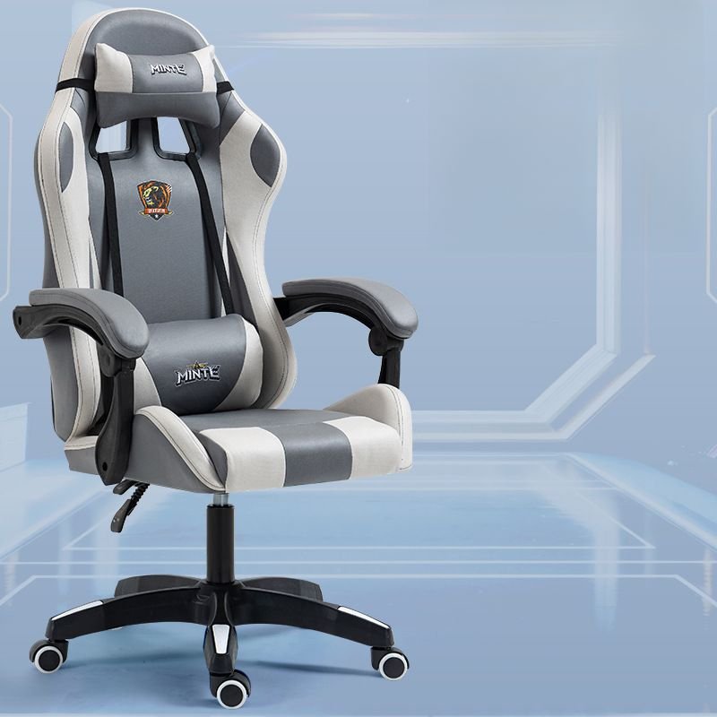 Adjustable Back Angle Grey Headrest Lifting Swivel PU Gaming Chair with Pillow, Swivel Wheels and Armrest, Grey, Linkage Arms, Without Footrest, Sponge
