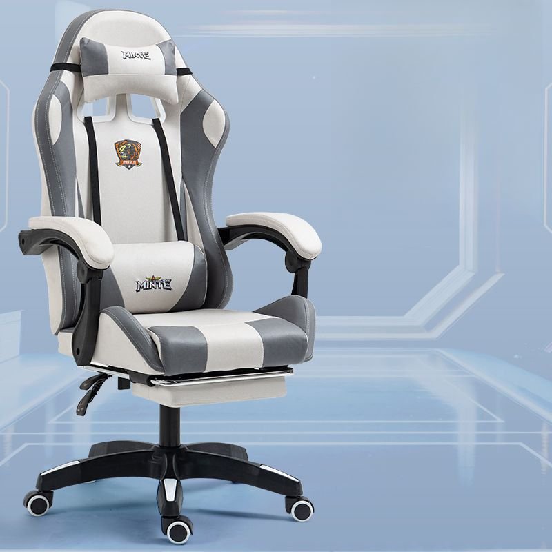 Adjustable Back Angle Headrest Ivory Swivel Lifting PU Gaming Chair with Pillow, Leg Rest and Roller Wheels, Off-White, Linkage Arms, Sponge