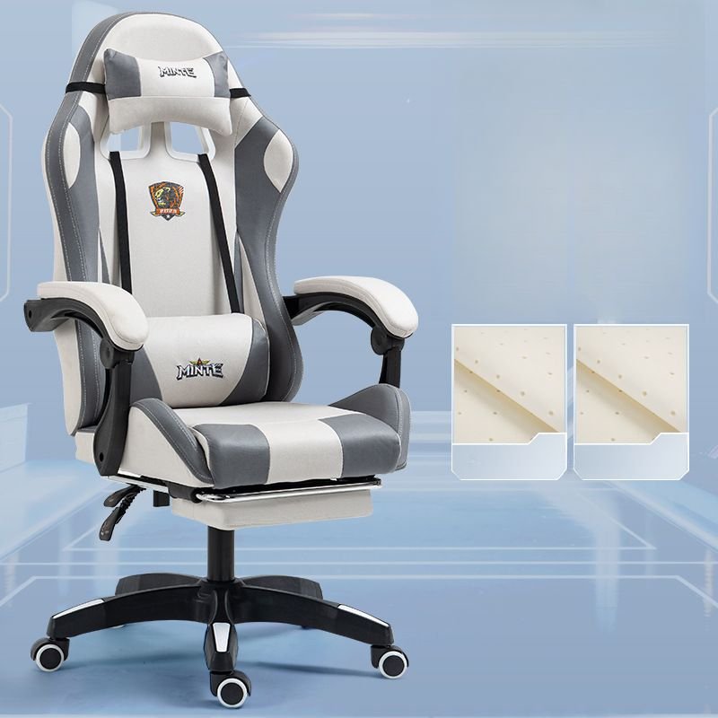 Adjustable Back Angle Headrest Beige Swivel Lifting Faux Leather Gaming Chair with Pillow, Foot Support and Swivel Wheels, Off-White, Linkage Arms, Latex