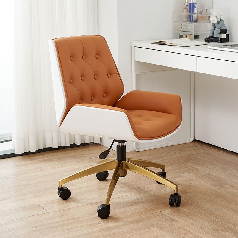 Art Deco Ergonomic Tufted Leather Office Chairs in Orange with Wheels and Fixed Arms, Microfiber Leather