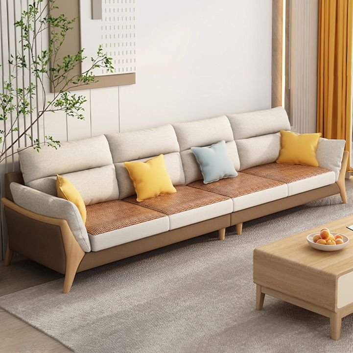 Beige Cotton Linen Modern Sofa with Recessed Arms and Cushion Back - Cotton and Linen Sponge 136"L x 37"W x 38"H