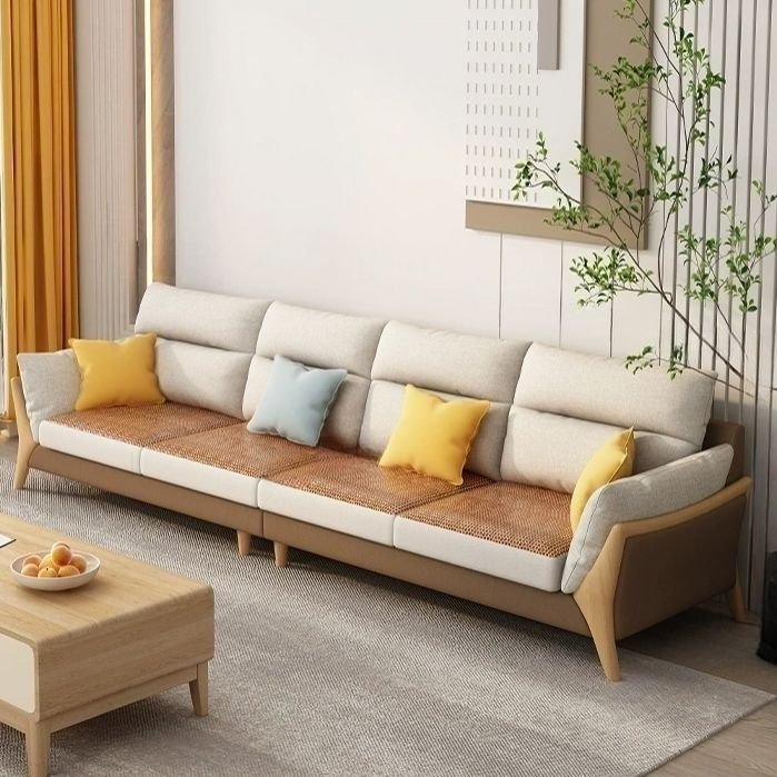Beige Cotton Linen Modern Sofa with Recessed Arms and Cushion Back - Cotton and Linen Sponge 102"L x 37"W x 38"H