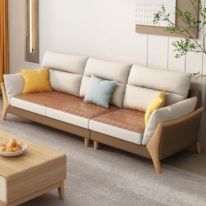 Beige Cotton Linen Modern Sofa with Recessed Arms and Cushion Back - Cotton and Linen Sponge 87"L x 37"W x 38"H
