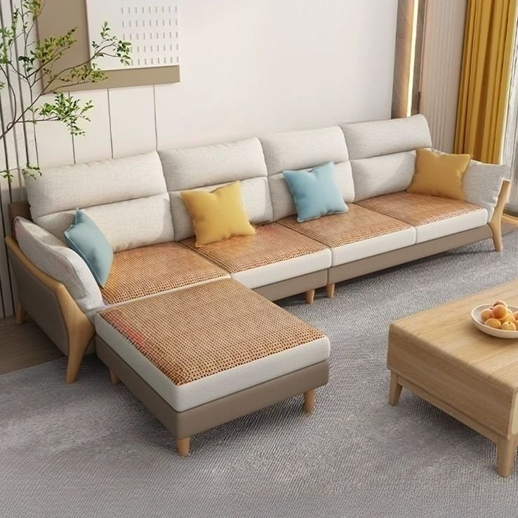 Beige Cotton Linen Modern Sofa with Recessed Arms and Cushion Back - Sponge Cotton and Linen 136"L x 74"W x 38"H