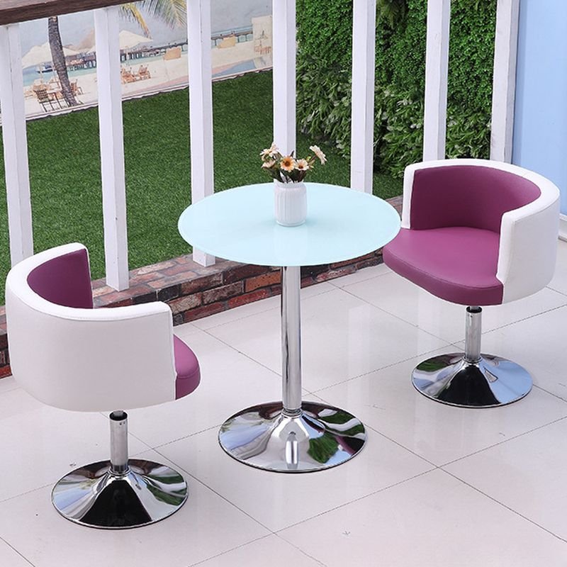 3 Pieces Rotatable Variable-height Seat Adjustable Dining Table Set with Tulip-shaped Base and Upholstered Chairs for Seats 2, Table & Chair(s), Gloss White, Purple/ White