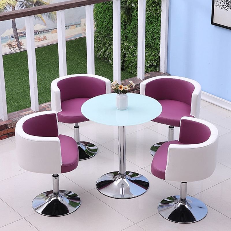 Turned Tuneable Adjustable Seat Height Dining Table Set with Tulip Base and Upholstered Back Chairs for 4 People, Table & Chair(s), 5 Piece Set, Gloss White, Purple/ White
