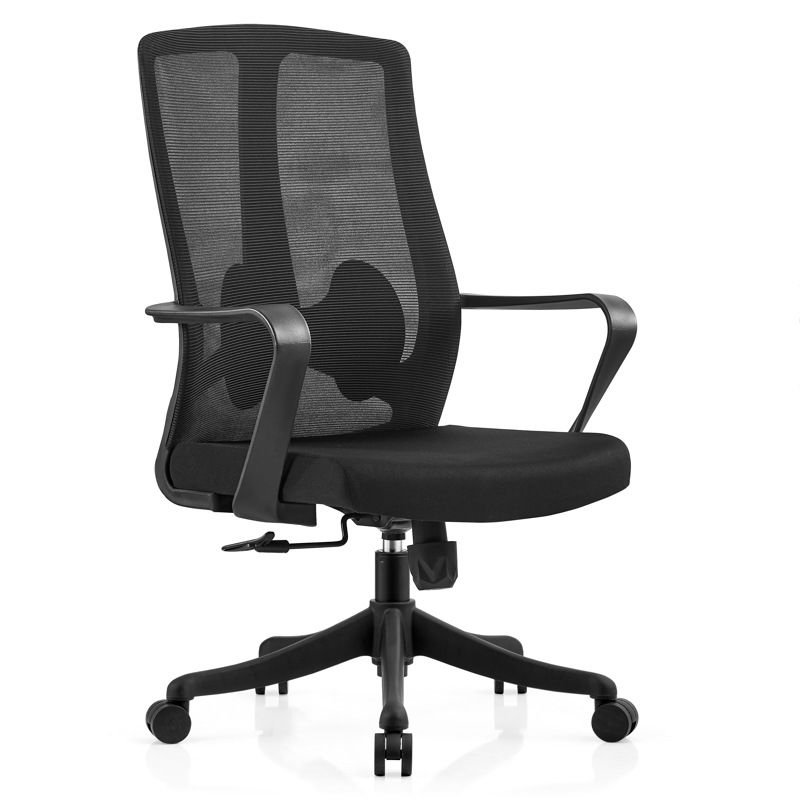 Minimalist Tilt Available Ergonomic Rotatable Lifting Black Upholstered Task Chair with Rollers and Arms, Without Headrest