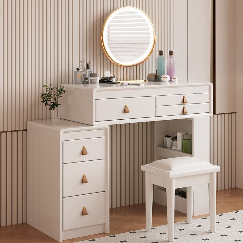 Multi-Purpose Natural Wood Flooring Push-Pull No Floating 2-in-1 Vanity with Scalable Dividers Included, Makeup Vanity (31") & Dresser (12") & Vanity Stool, White