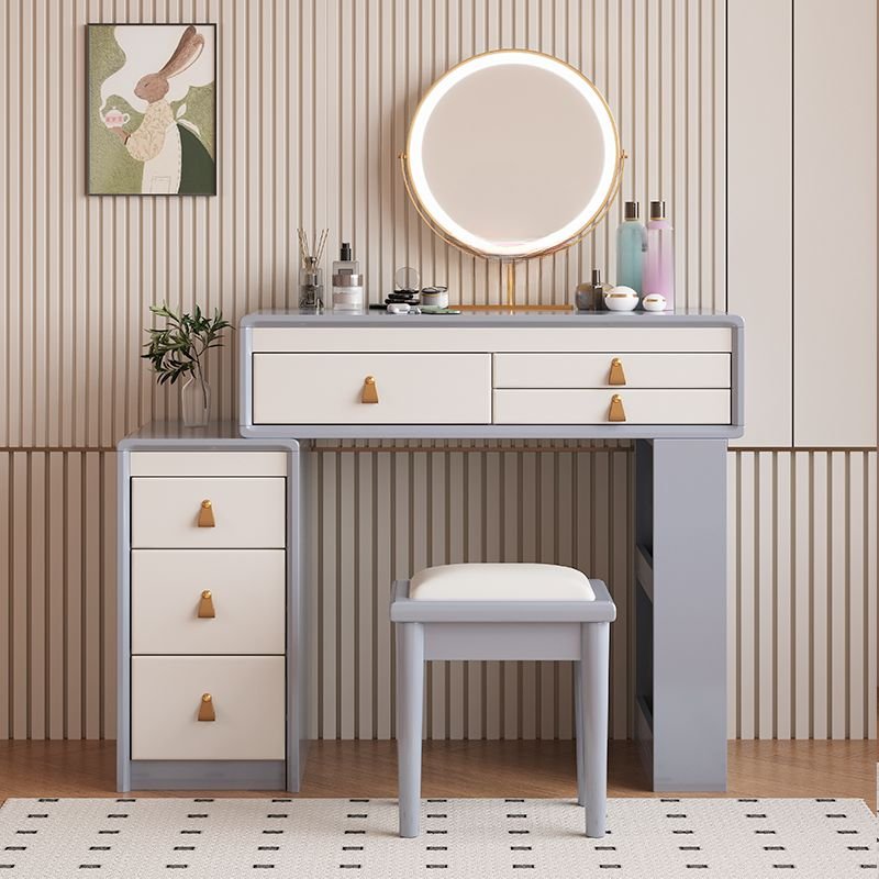 Natural Wood No Floating Ground 2-in-1 Makeup Vanity with Push-Pull Drawers, Scalable Multi-Purpose Vanity, Dividers Included, Makeup Vanity (31") & Dresser (12") & Vanity Stool, Gray & White