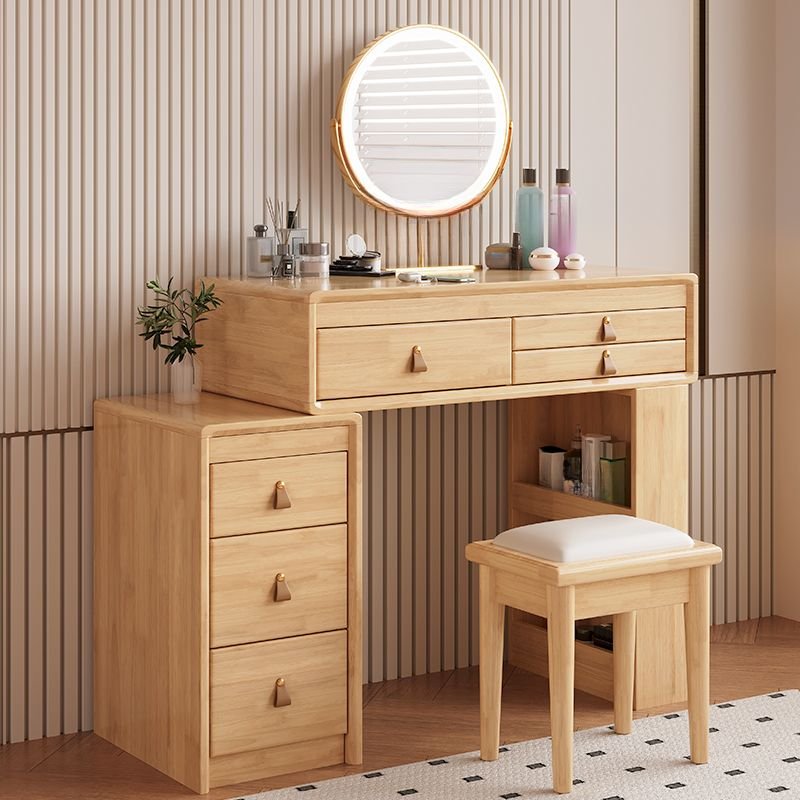Multi-Purpose Natural Wood Flooring Push-Pull No Floating 2-in-1 Vanity with Scalable Dividers Included, Makeup Vanity (31") & Dresser (12") & Vanity Stool, Natural