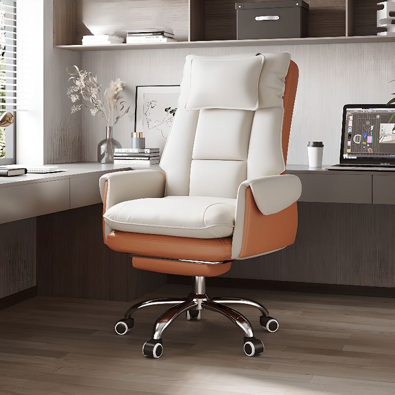 Adult Beige Office Furniture with Air, Reclining, and Back Support, With Footrest, White/ Orange
