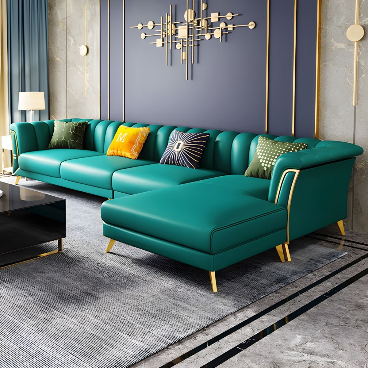 Glam Style Nappa Sectional Sofa with Brass Legs and Channel Back Design - 134"L x 71"W x 31"H Nappa Right