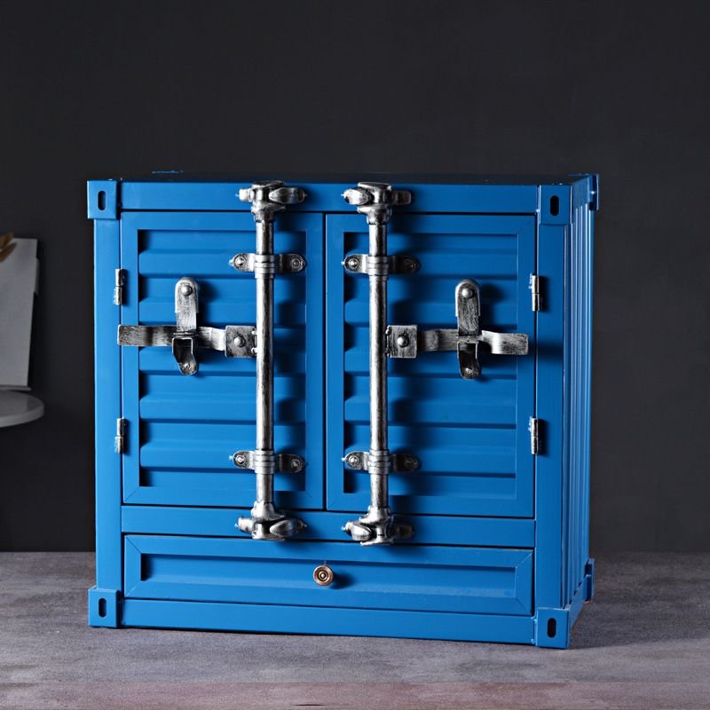 1 Drawer & 2 Shelves & 2 Cabinets Art Deco Blue Metal Double Doors Bedside Cabinet Nightstand, 21"L x 12"W x 20"H