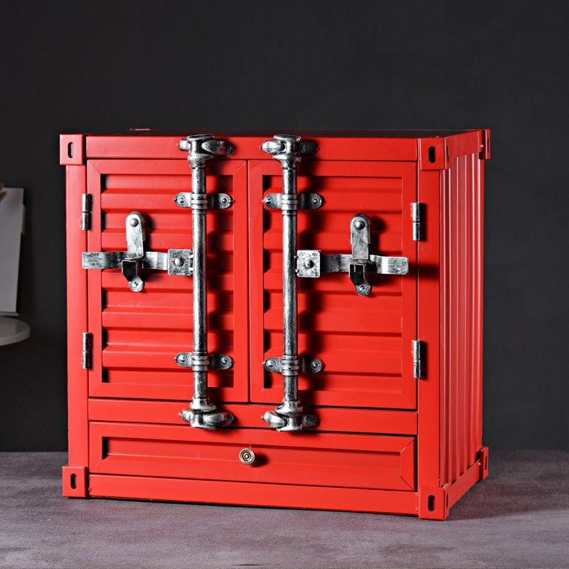1 Drawer & 2 Shelves & 2 Cabinets Modern Simple Style Red Metal Double Doors Bedside Cabinet Nightstand, 21"L x 12"W x 20"H