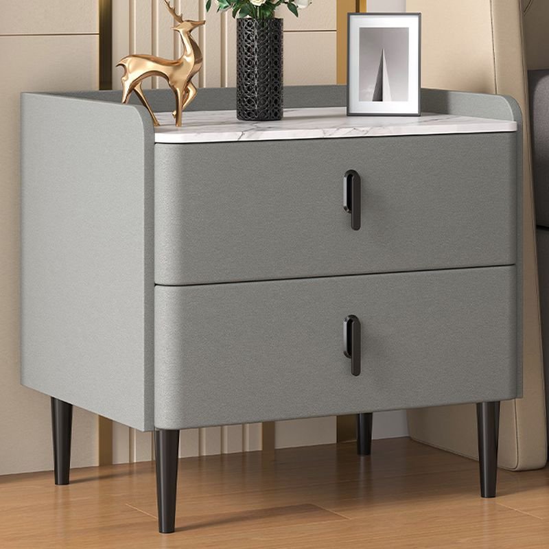 2 Drawers Art Sintered Stone Drawer Storage Bedside Table with Leg, Black Foot, Light Gray, 20"L x 16"W x 20"H