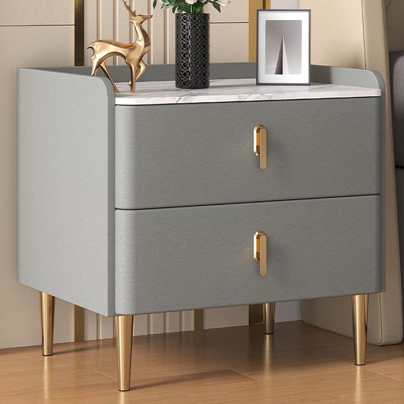 2 Drawers Contemporary Sintered Stone Drawer Storage Nightstand with Leg, Gold Feet, Light Gray, 20"L x 16"W x 20"H