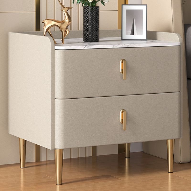2 Drawers Modern Simple Style Sintered Stone Nightstand With Drawer Storage with Leg, Gold Feet, Champagne/ Gray, 20"L x 16"W x 20"H
