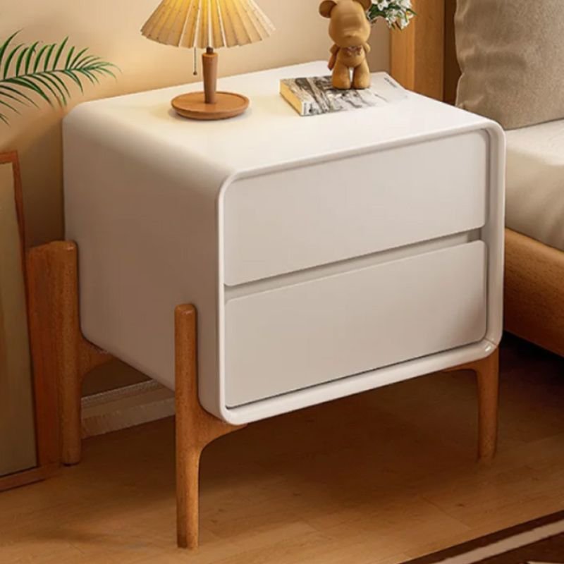 2 Drawers Casual Vinyl Leather Drawer Storage Nightstand with Leg, Off-White, 16"L x 16"W x 20"H