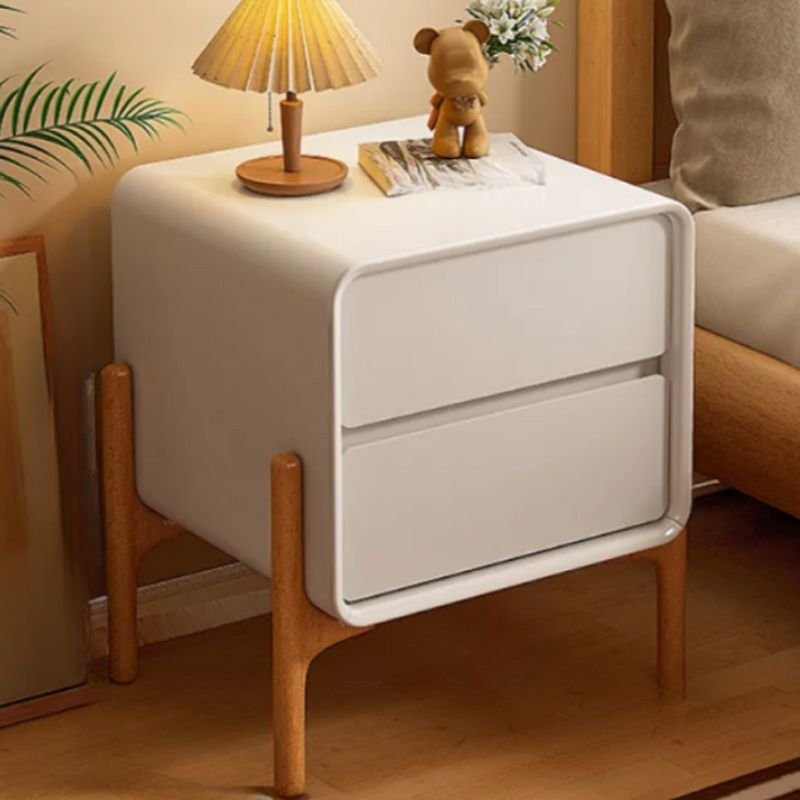 2 Drawers Art Deco Pleather Drawer Storage Bedside Table with Leg, Off-White, 12"L x 16"W x 20"H