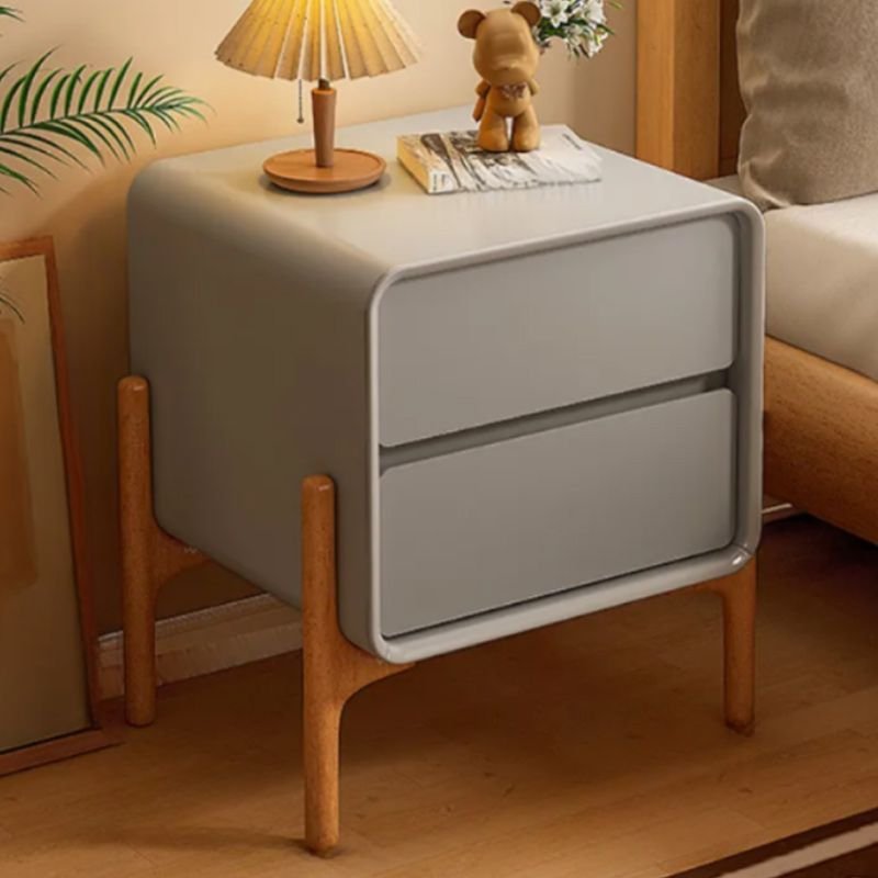 2 Drawers Art Deco Pleather Drawer Storage Bedside Table with Leg, Light Gray, 12"L x 16"W x 20"H