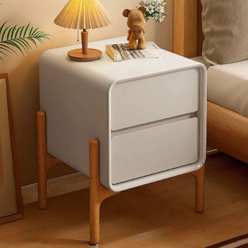 2 Drawers Modern Simple Style Vinyl Leather Drawer Storage Nightstand with Leg, Off-White, 10"L x 16"W x 20"H