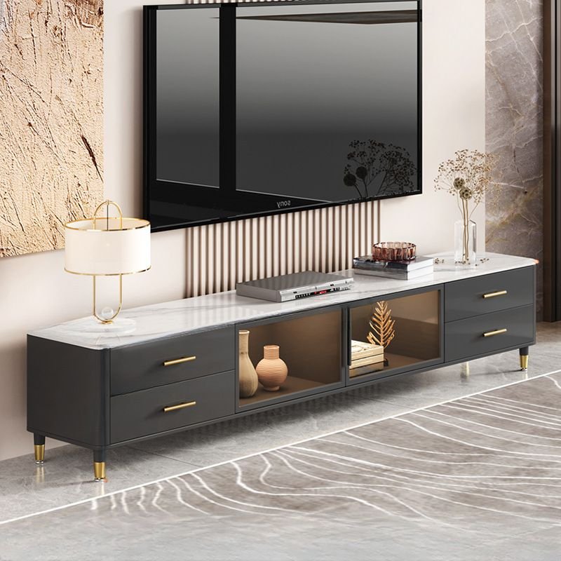 2 Cabinets & 4-Drawer Rectangle Chalk Sintered Stone TV Stand with Cable Management & Light, 63"L x 16"W x 18"H