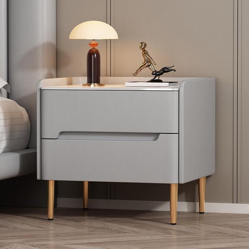 Simplistic Sintered Stone Drawer Storage Bedside Table with 2 Drawers & Leg, Solid Wood, Light Gray, 16"L x 16"W x 18.5"H