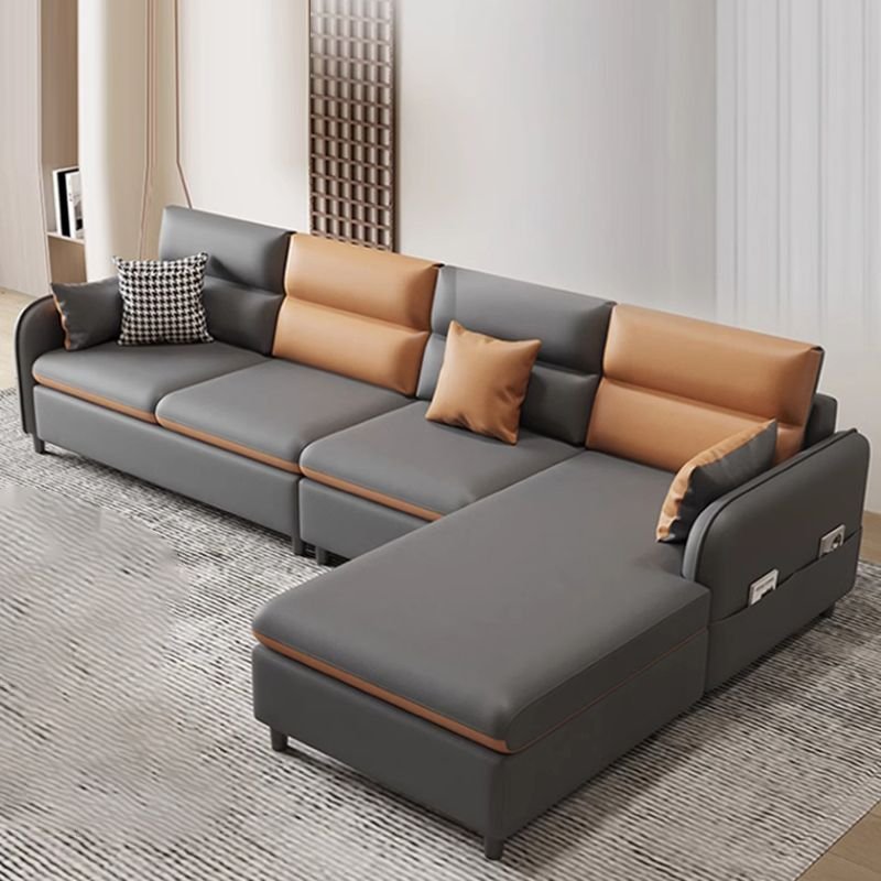 L-Shape Right Hand Facing Sofa Recliner with Concealed Support, 102"L x 63"W x 29.5"H, Tech Cloth, Dark Gray/ Orange