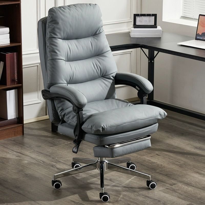 Minimalist Ergonomic Leather CEO Chair in Grey with Arms, Footrest and Adjustable Back Angle, Cow Leather, Grey