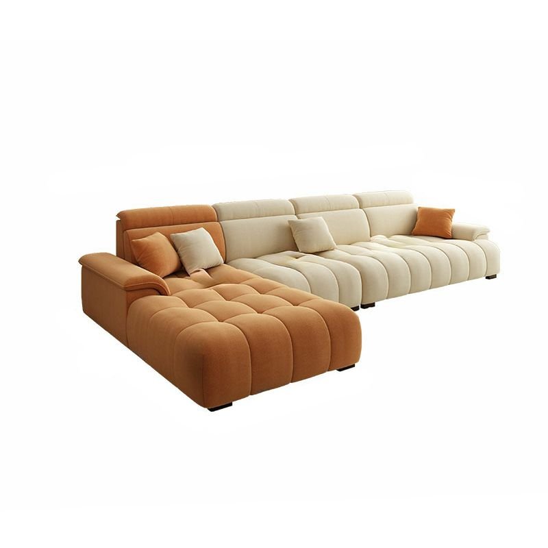 L-Shape Orange Tufted Natural Wood Left Hand Facing Sofa Chaise, Abrasive Cloth, 126"L x 71"W x 37"H