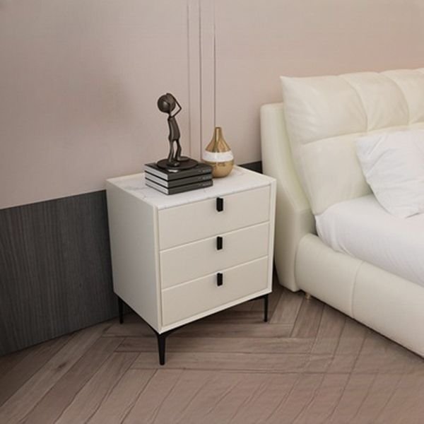 Trendy Sintered Stone Top Drawer Storage Nightstand with 3 Drawers & Leg, Off-White, 20"L x 16"W x 24"H