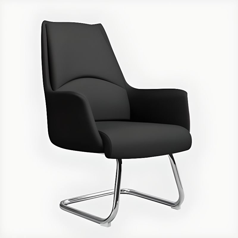 Minimalist Ergonomic Leather Study Chair in Black with Back and Arms, Black, Casters Not Included