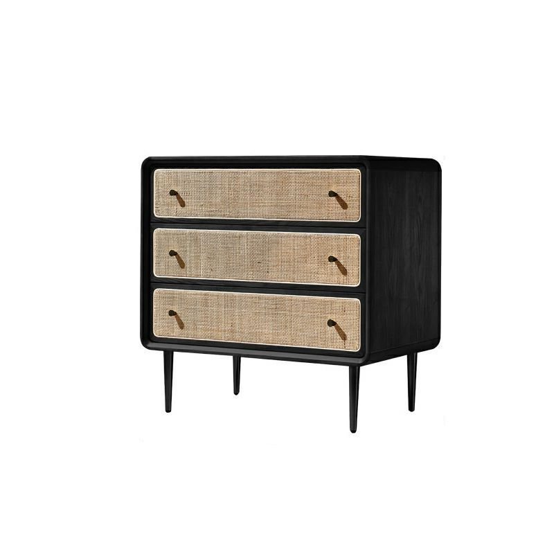 3 Tiers Art Deco Black Woven Wood Bachelor Chest with Legs, 3 Drawers
