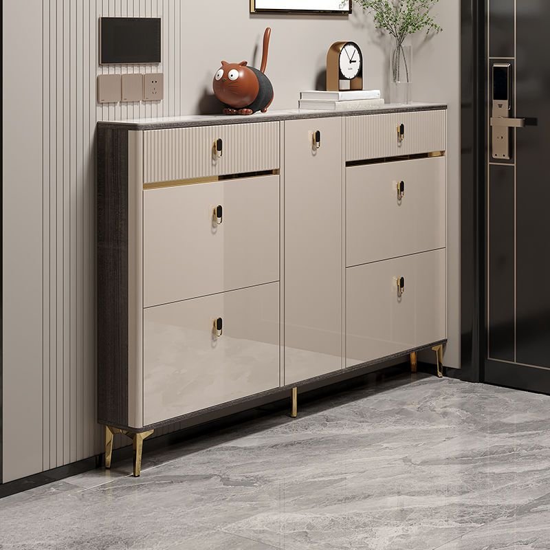 Beige Shoe Storage Cabinet with Sliding and Tipping Features